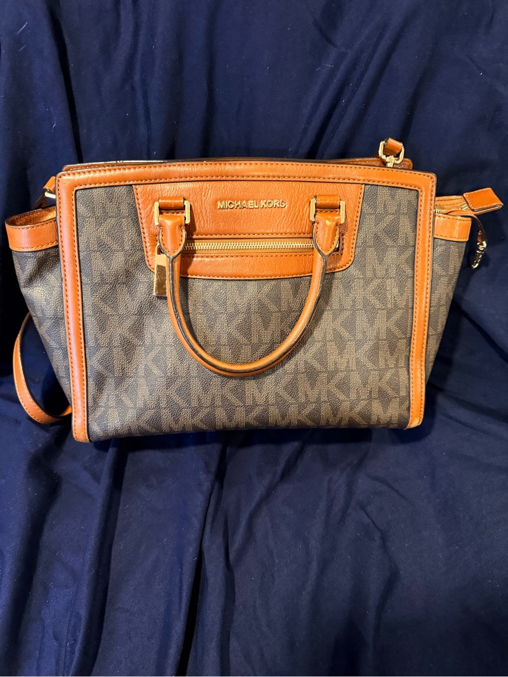 Michael Kors Brown MK Monogram Tote with Tan Leather Trim